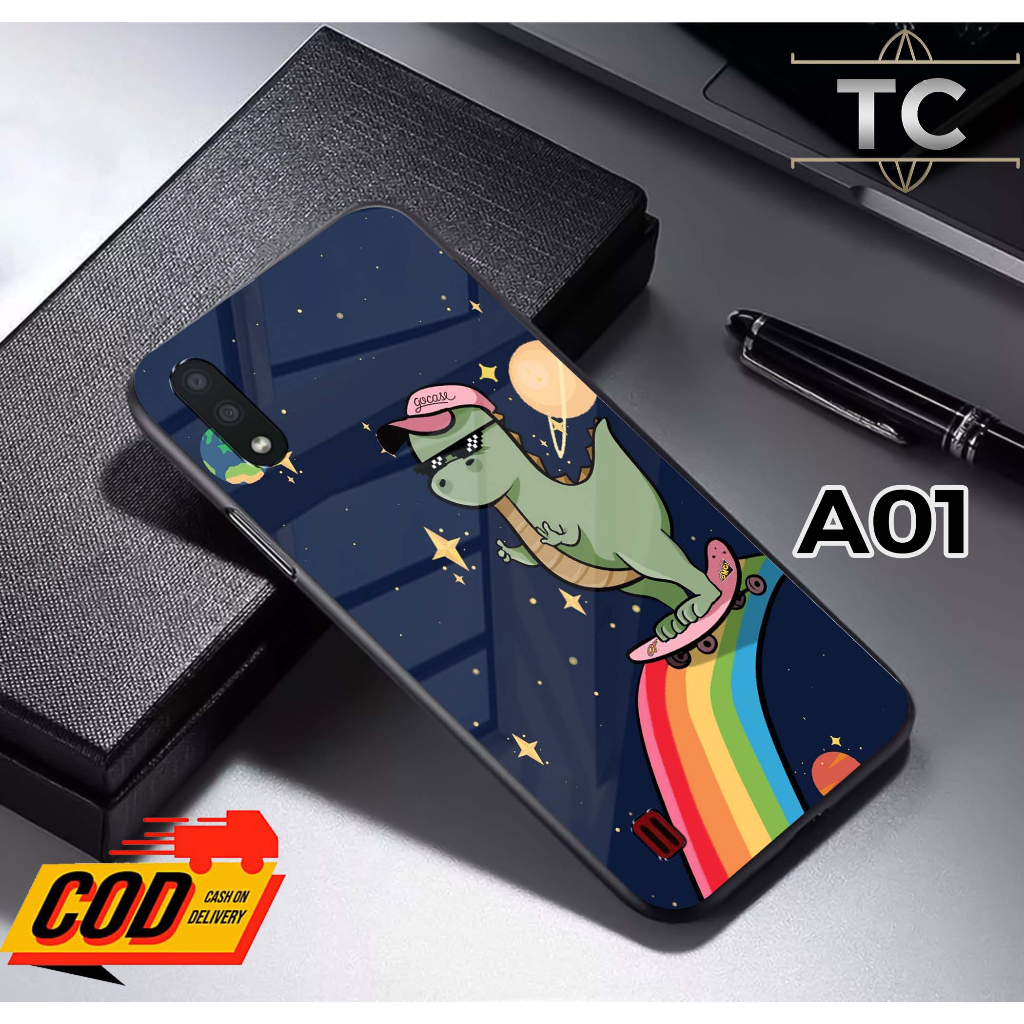 Softcase Glass Kilau glossy Fashion Motif Dino Cute- Case Samsung A01 kaca glossy Casing Hp Samsung 