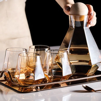 Set Gelas Kaca Hexagon Prisma Mewah / Satu Set Jug Pitcher Gelas Kaca Amber Dengan Nampan / Gelas Wi