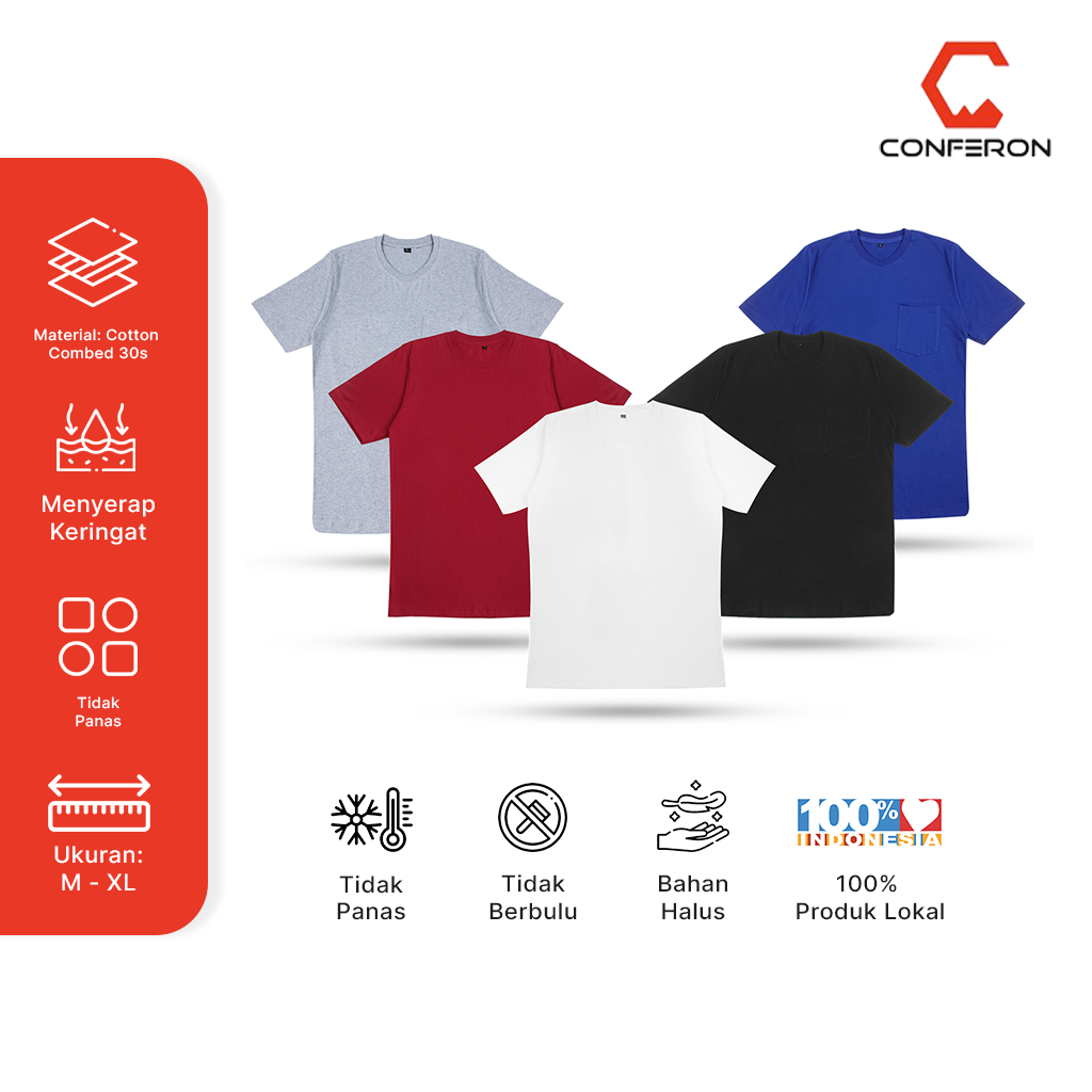 Conferon - Kaos Pocket Pria Wanita Bahan Cotton Combed 30s Premium Ukuran M L XL XXL XXXL Menyerap K