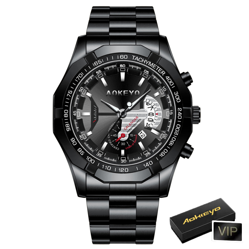 Aokeyo S001 Jam Tangan Pria Anti Air Original Luxury Stainless Steel（Free BOX+Kartu）-Black-Dikirim 12Jam