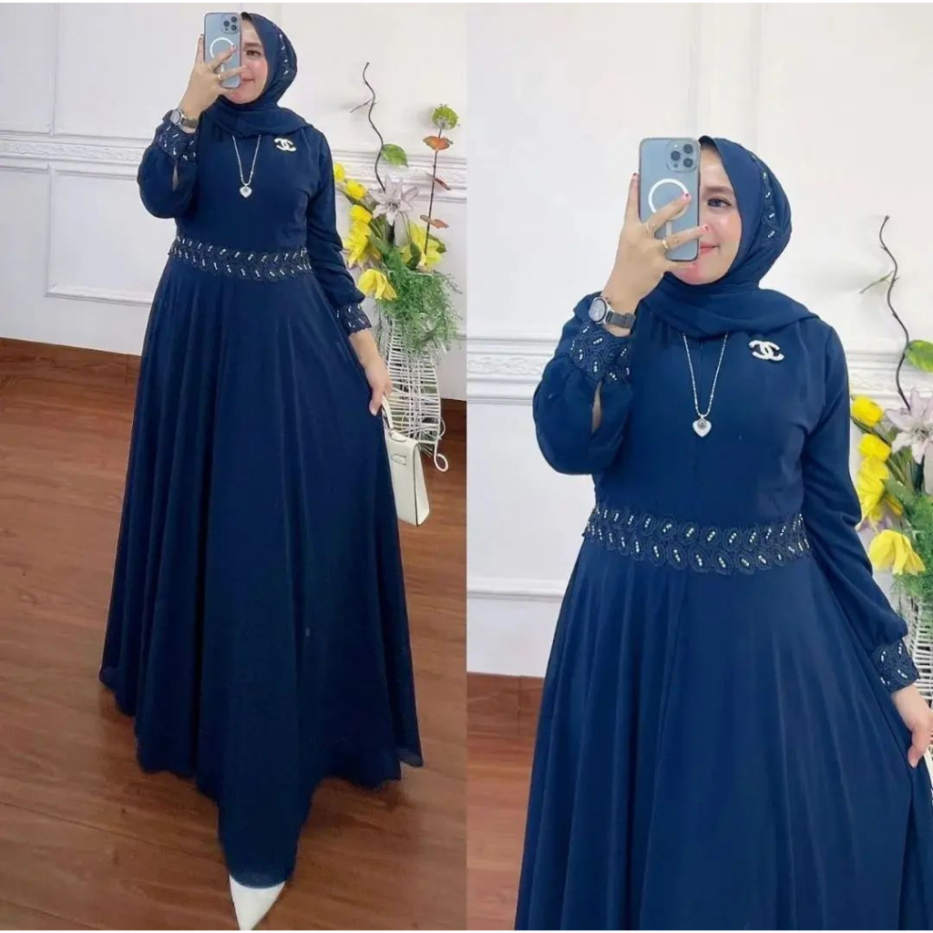 Nayla Set Pashmina l Gamis Muslim Wanita Kekinian 2in1 Matt Ceruty Babydoll l Dress Maxy Mix Renda Fashion Terlaris