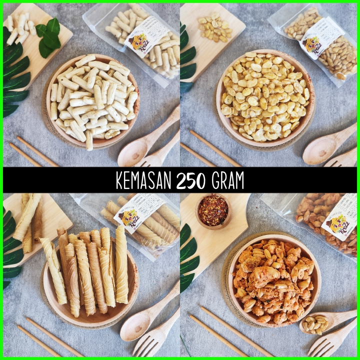 

Kacang Koro Kupas / Kacang Bali Pedas Daun Jeruk / Opak Gulung / Kue Kering Semprong Wijen / Kerupuk Ikan Tongkol / Aneka Camilan Snack Krezz