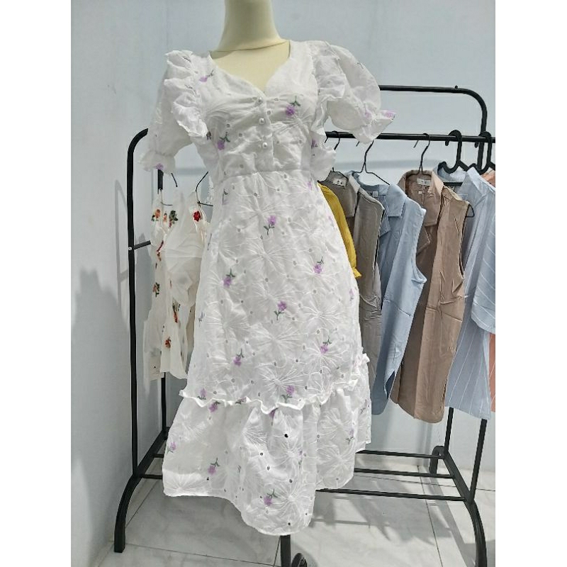 Dress bangkok katun motif bunga ungu bordir