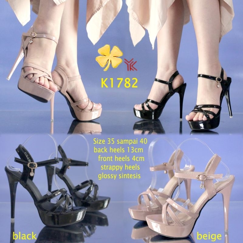 YKshoes 1782 heels 13cm strappy stiletto heels sepatu hak tali wanita glossy sintetis hak sedang sep