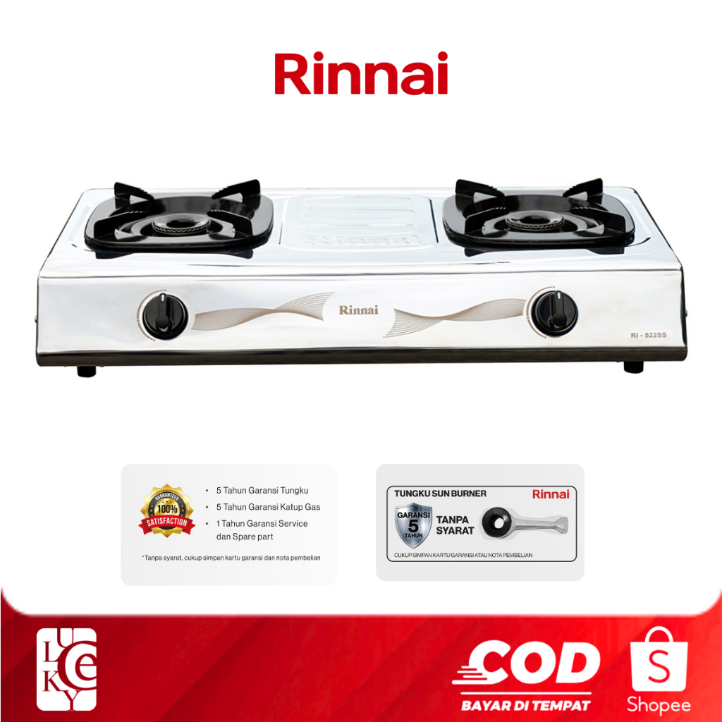Kompor Gas 2 Tungku Rinnai All Type Stainless Steel Ceflon Burner Kuningan Plus Selang Regulator