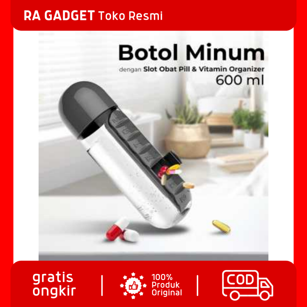 Botol Minum Plastik Unik dengan Slot Obat Pill & Vitamin 600ml / Botol Air Minum Plus Tempat Obat Pi