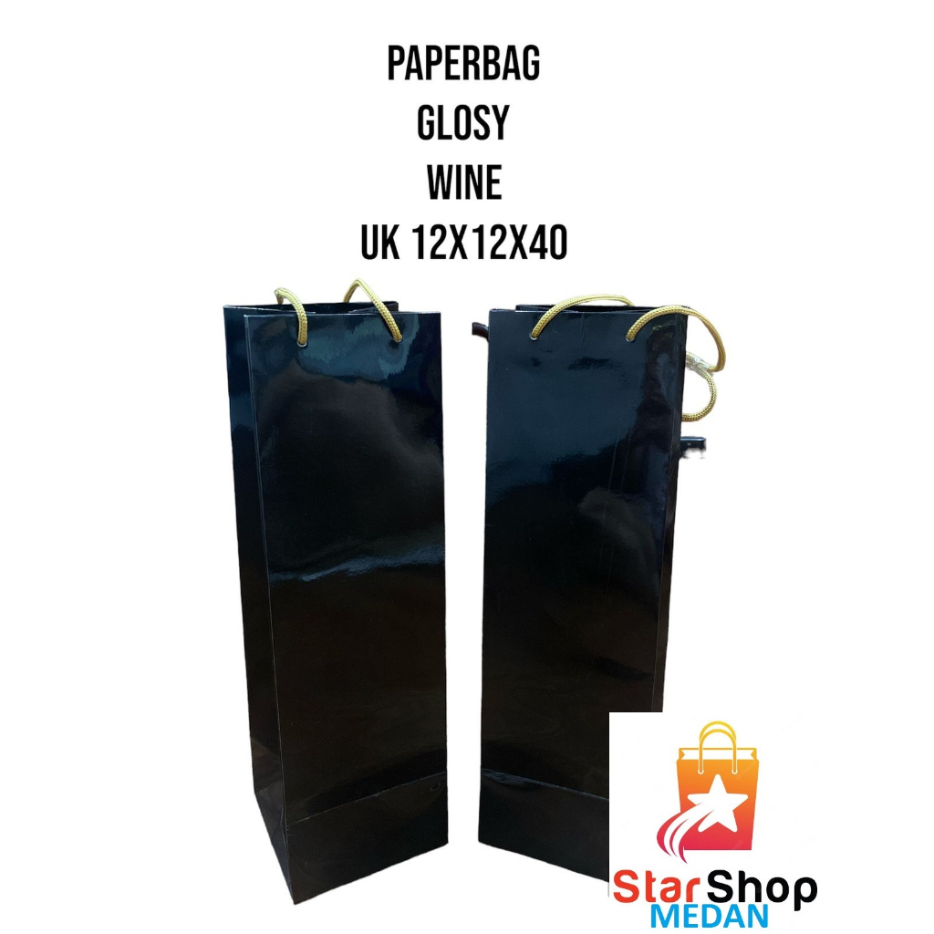 

PAPERBAG HITAM GLOSSY-KILAT size PLT 12X12X40, NO MEREK, botol wine