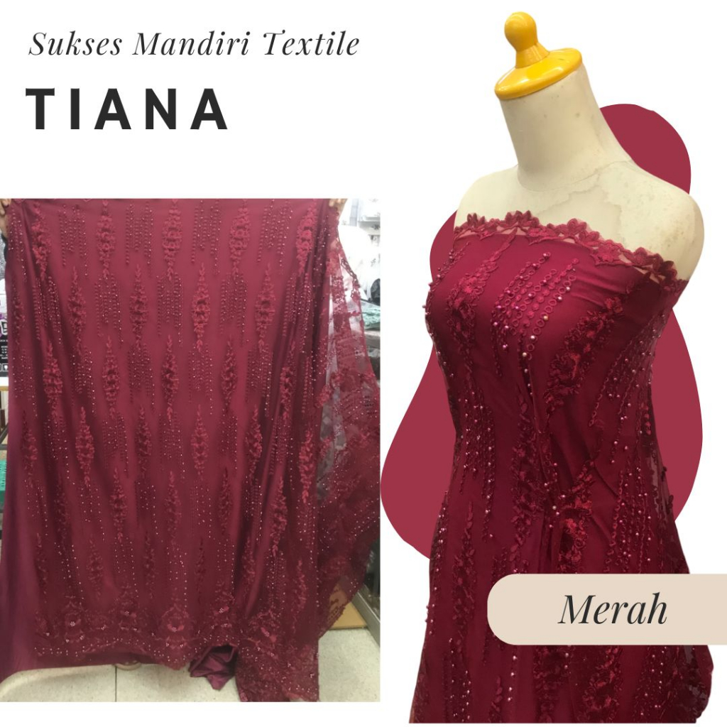 [TIANA] Brokat lace mutiara mewah 3D Merah Maroon Marun | Harga ½ meter = 50 cm (Bahan Dress Bridesm