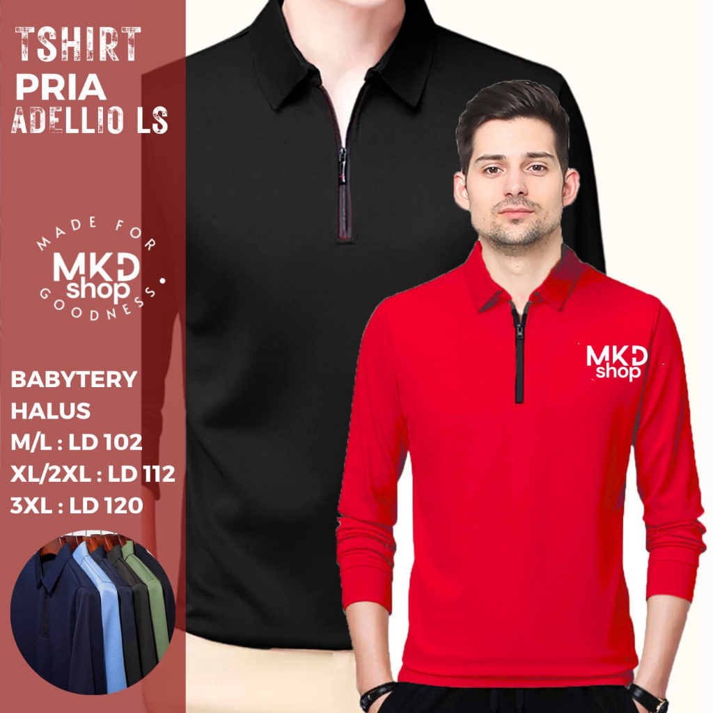 Kaos Pria kerah Lengan Panjang Pria Gaya Korea variasi seleting Adelio / Tshirt Kaos Pria Jumbo Size