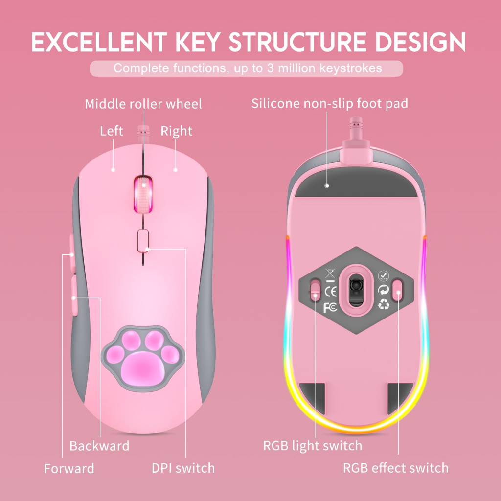 ONIKUMA CW918 Mouse Gaming White Cat Paws Pink RGB Backlight