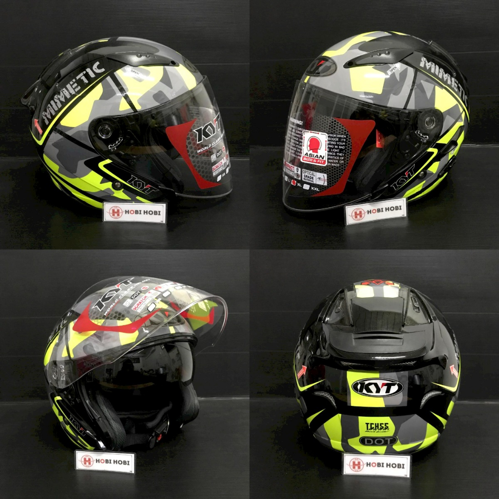 Helm Half Face KYT Galaxy Slide Flat R Seri 4 Black Yellow Fluo Mimetic Double Visor Kuning Hijau St