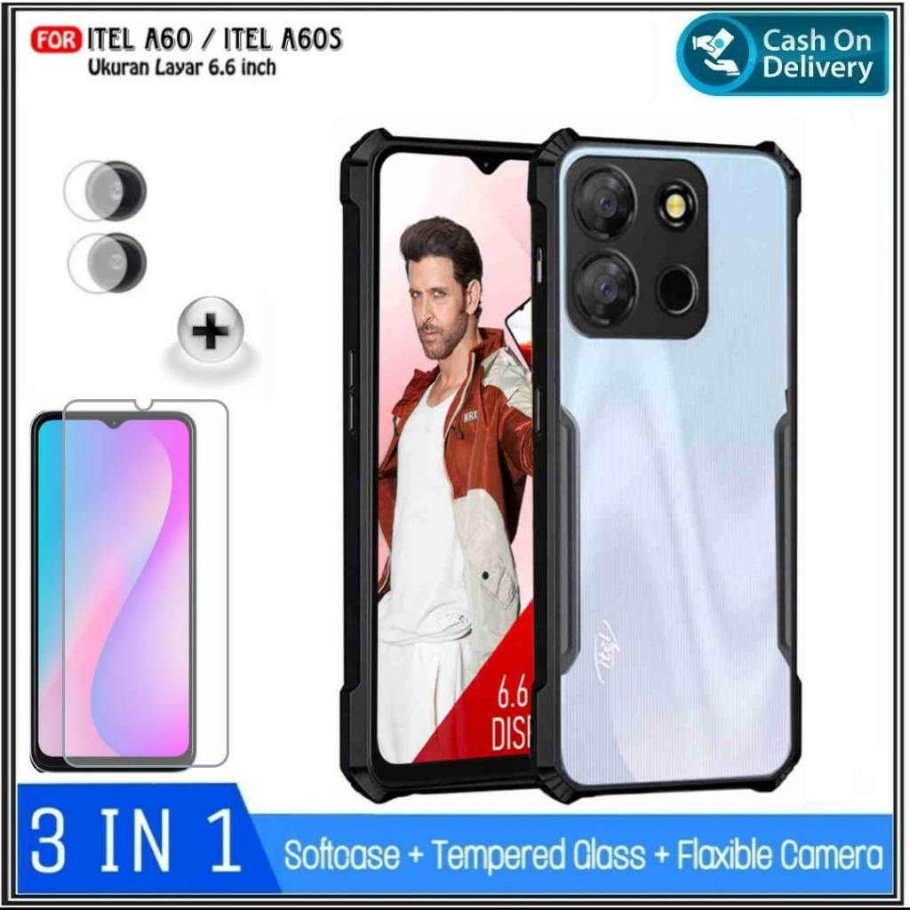 PAKET 3IN1 Case ITEL A70 ITEL A60/A60S P40 4G Casing Cover + Tempered Glass + Camera DI ROMAN ACC