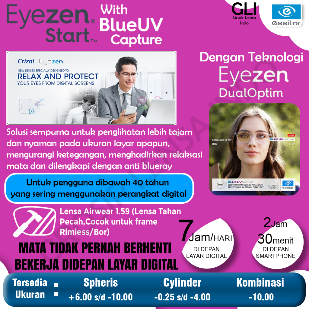 Lensa Essilor Sv Eyezen Start Airwear 1.59 Blue UV Capture Crizal Sapphire / Drive  / Prevenecia
