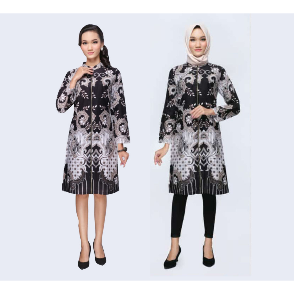 Baju Tunik Dress Kerja Wanita Batik Amalia Putih Lengan Panjang