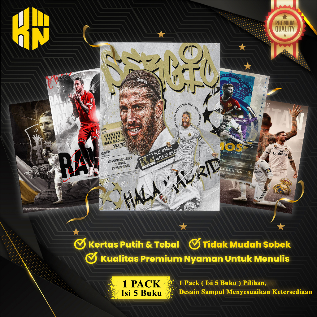 

KEN.IND - Buku Tulis Sekolah Custom Tema Sepak Bola SERGIO RAMOS Bergaris 38 Lembar 1 Pak Isi 5 Buku/ Buku Tulis Anime/ Buku Aesthetic/ Buku Catatan