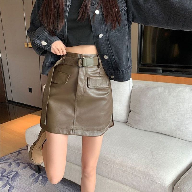 Skirt Leather Shaving Mode A-Line Stretchy | Rok Kulit Melar Hot Pants Rok Celana High Waist Simple 