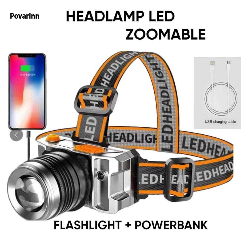 SENTER KEPALA dan POWER BANK SENTER LED 50W / HEADLAMP CAS ZOOMABLE BISA JADI POWERBANK T41