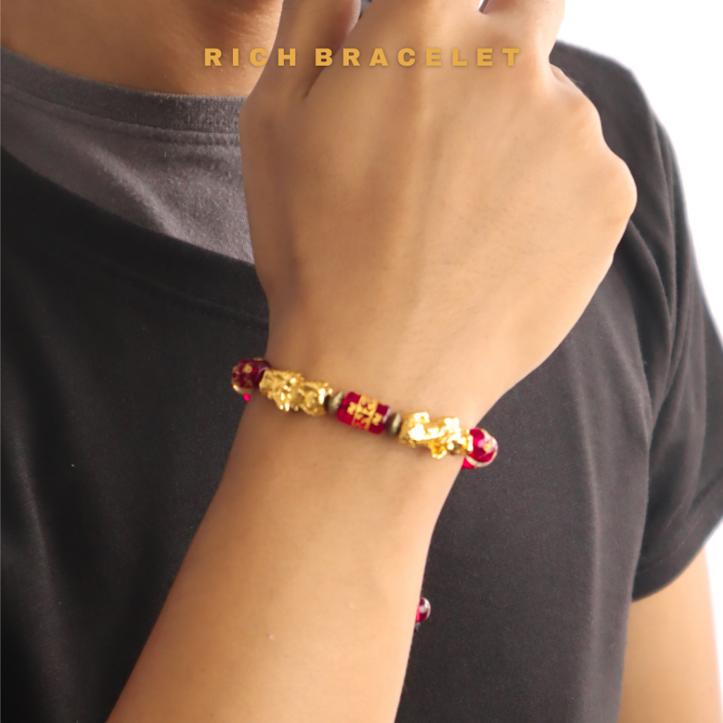 Happy Tuummy Gelang Serut Batu Ukiran Tibet Alam Kecil Kristal Merah Pixiu Naga Emas Akik Kombinasi