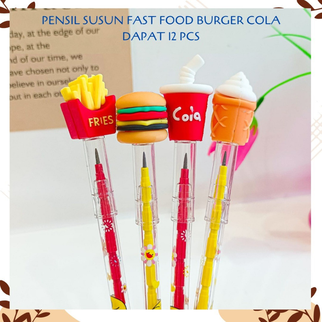 

SELUSIN PENSIL BURGER COLA KENTANG ISI 12 PCS UNIK PENSIL SUSUN BENSIA PELURU PENCIL MAKANAN REFILL UNIK