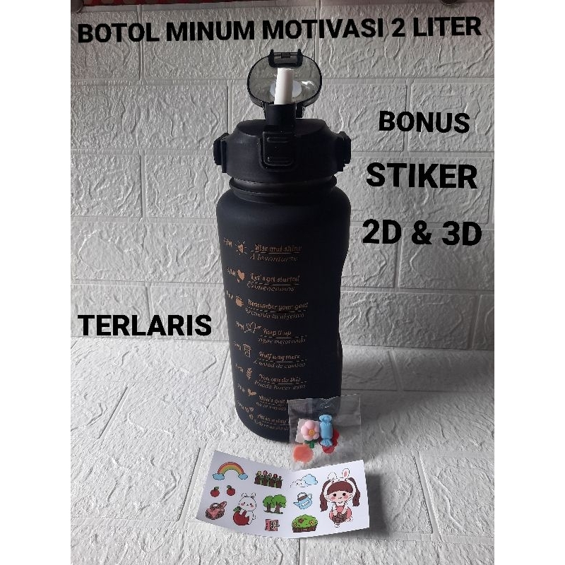 botol minum motivasi 2 liter hitam free stiker 2d dan 3d