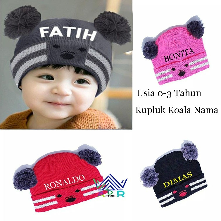 TOPI KUPLUK BAYI POMPOM KOALA BORDIR NAMA SATUAN CUSTOME KUPLUK POMPOM BORDIR NAMA KUPLUK BAYI
