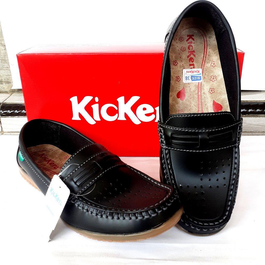 sepatu pantofel cewek wanita flat shoes slip on kasual formal kickers hitam
