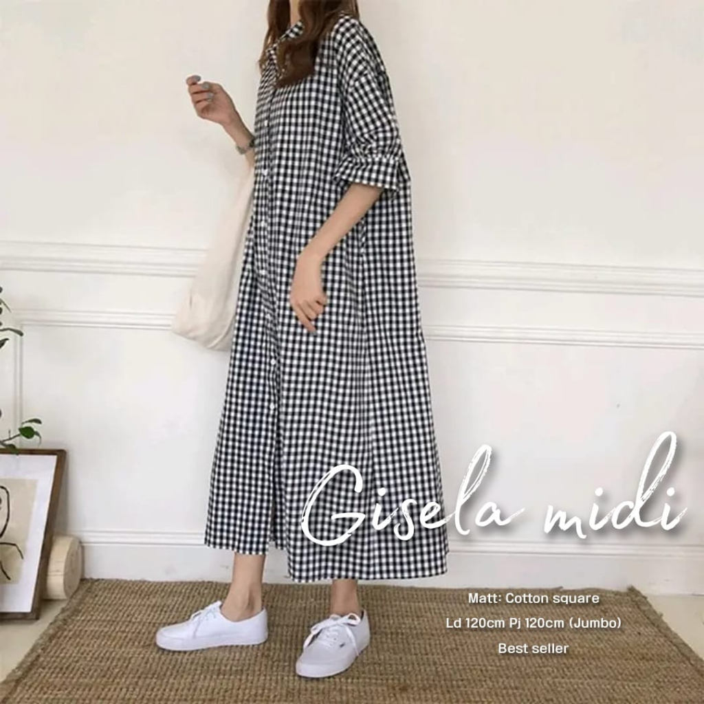 Gisela Midi Dress Gamis Wanita Jumbo Bigsize LD 120 XXL Premium Harian Ibu Cewe Dewasa Adem Katun Ko