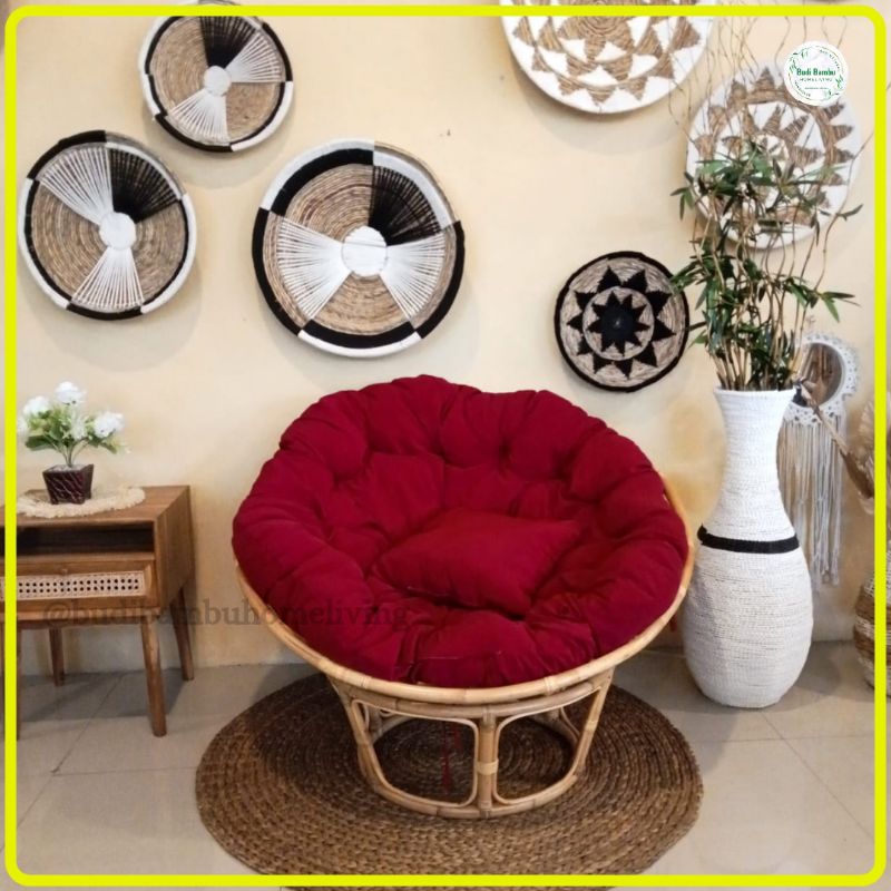 KURSI SANTAI PAPASAN ROTAN DENGAN KASUR DAN BANTAL / KURSI SANTAI ROTAN PARABOLA BULAT FINISHING