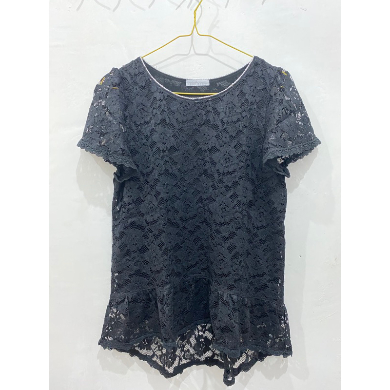 BLOUSE BROKAT Atasan Wanita (All Size) - HITAM, all size