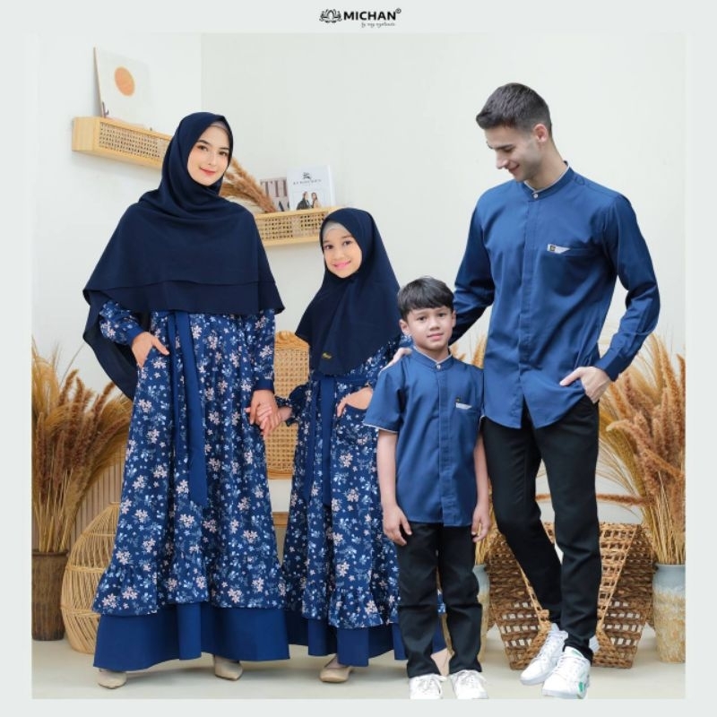 Sarimbit lebaran warna navy Sarimbit Keluarga Kirana Mimosa Michan Baju Muslim Seragam Keluarga Baju