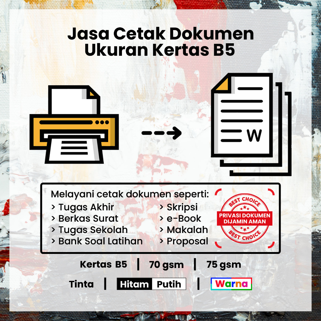 

Jasa Print Dokumen Kertas HVS B5/Tinta Hitam & Warna/Cepat & Murah