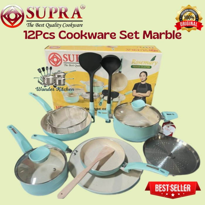 Supra 12 pcs cookware set white marble I Panci Set Supra 12 pc White Marble