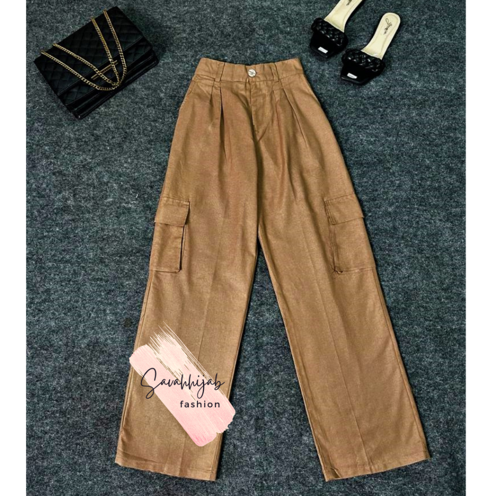 CARGO PANTS HIGHWAIST / CELANA CARGO BAHAN LINEN