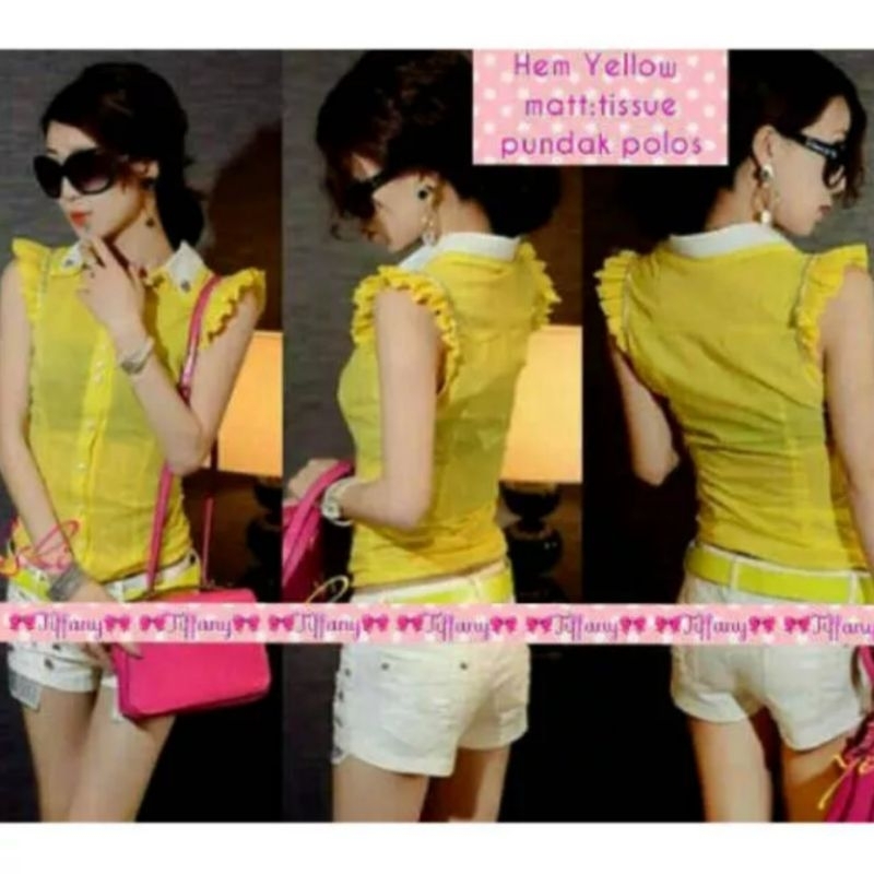 KEMEJA HEM WANITA TANPA LENGAN TANKTOP WARNA POLOS KUNING BAHAN TISSUE KERAH CASUAL YELLOW CANTIK MO