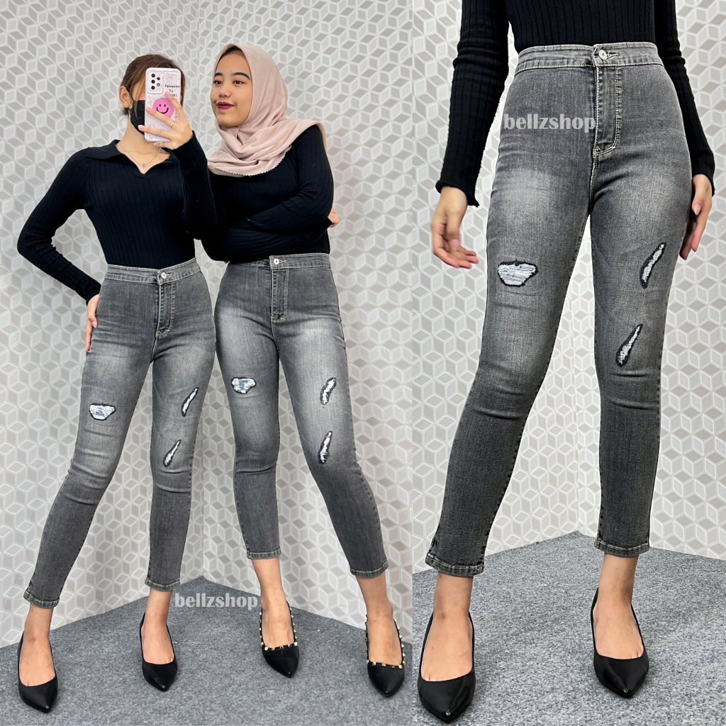Celana Jeans 7 9 Highwaist Wanita Sobek Tidak Tembus Skinny Stretch Jumbo Grey Premium Shelin