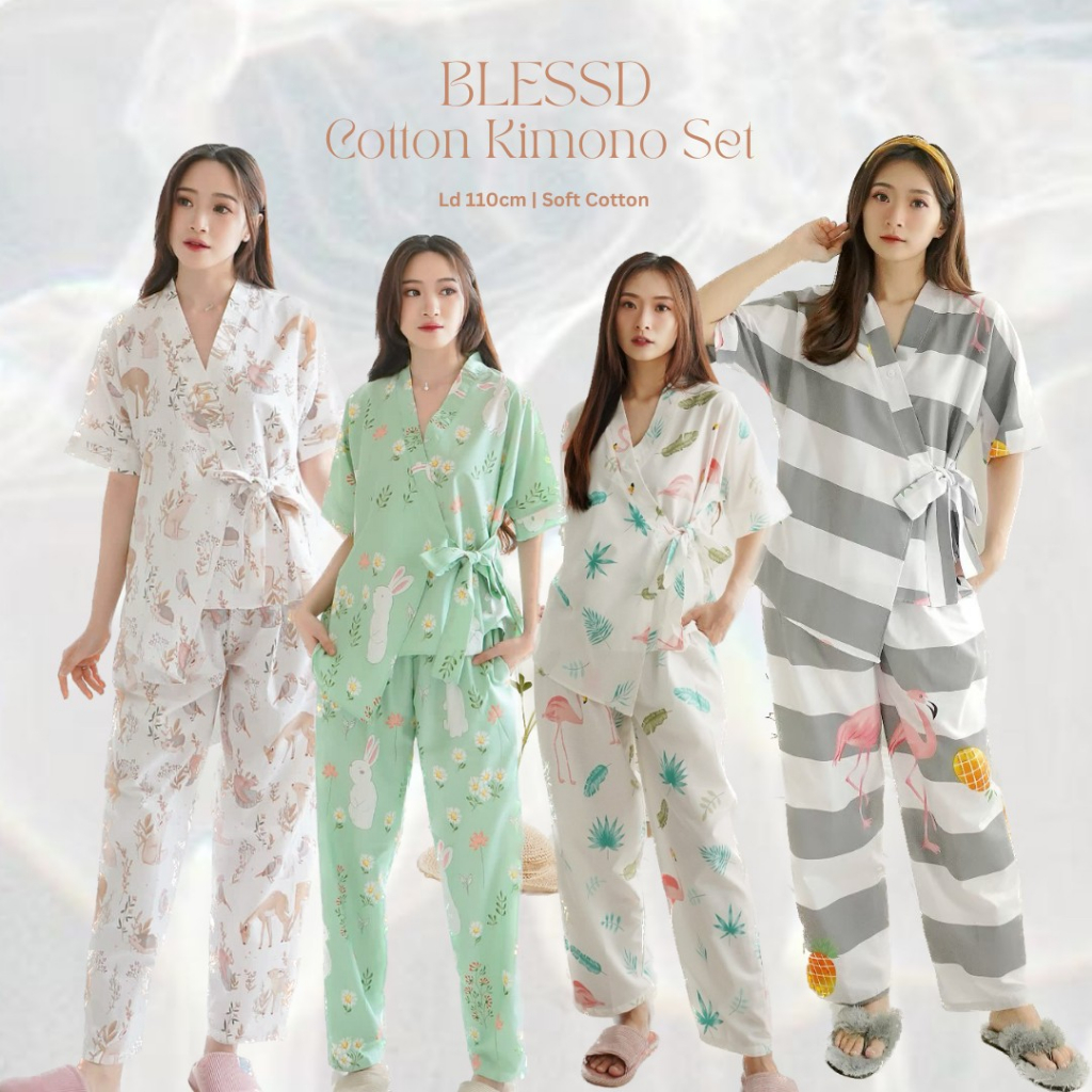 BAJU TIDUR KIMONO KATUN JEPANG V-NECK HALUS DINGIN ADEM ALL VARIAN KIMONO BASIQ  CELANA  PANJANG LD 