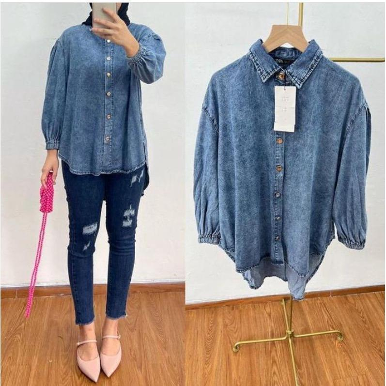 Kemeja Jeans Wanita Oversize Polos Terbaru | Atasan Wanita Jumbo LD 120