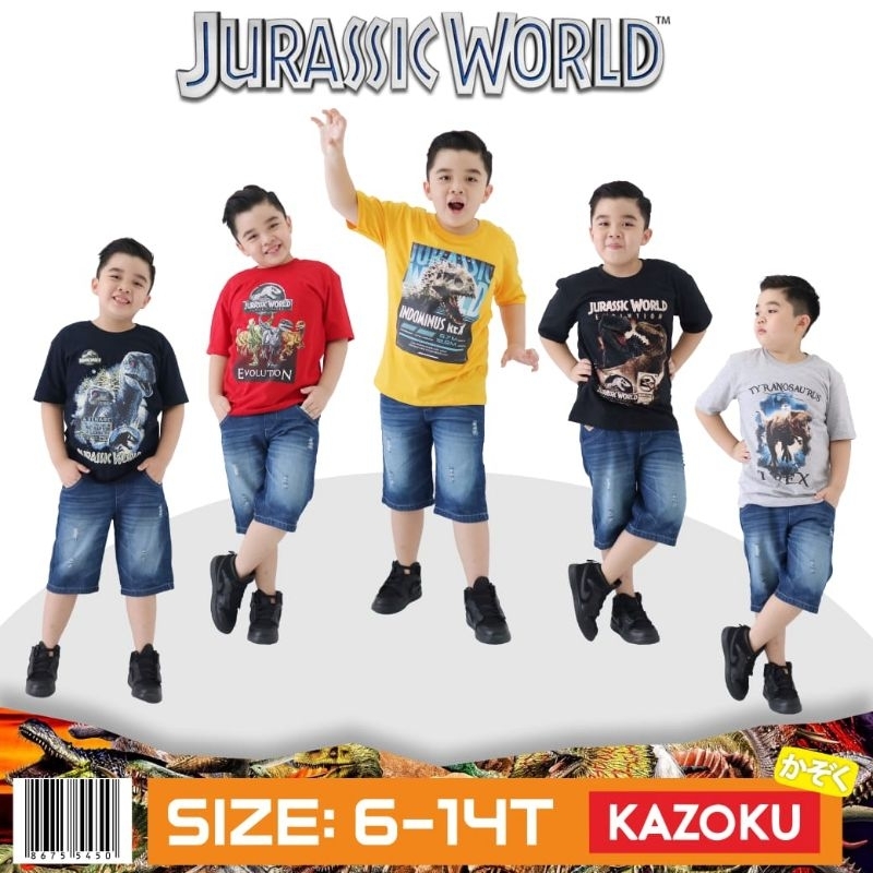 Setelan Kaos dan Jeans Pendek Anak Jurasic Kazoku  4-12 Tahun