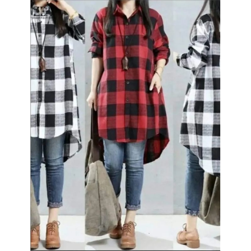 kemeja tunik wanita motif kotak kotak