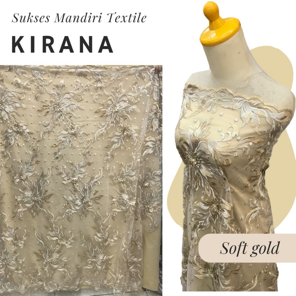[KIRANA] Brokat lace 3D embroidery mutiara soft gold | Harga ½ meter = 50 cm (Bahan Dress Bridesmaid