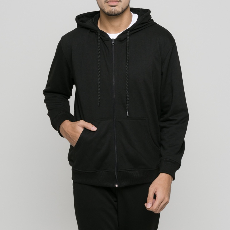 Sweater Hoodie Zipper Polos Hitam Jaket Switer Hodie Resleting Basic Pria Unisex M L XL XXL
