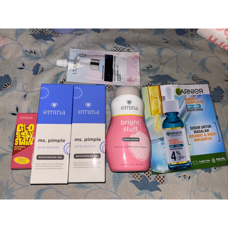 EMINA GLOSSY STAIN, EMINA BRIGHT STUFF LOOSE POWDER, EMINA MS. PIMPLE ACNE SOLUTION MOISTURIZING GEL