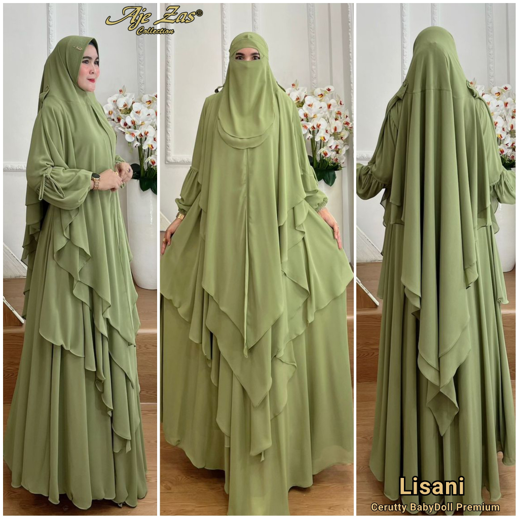 AJE ZAS - Gamis Jubah Syari Set Hijab Kepala Soft Pet Antem Jumbo Kode LISANI Matt Ceruti BabyDoll