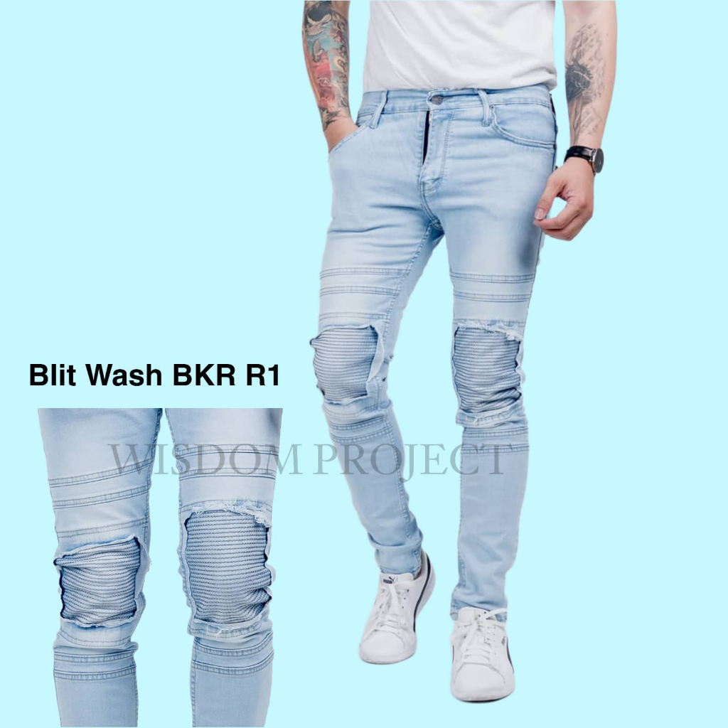 WSDM Skinny Jeans Evos Bikers Patch Lutut Skinny denim pria Premium Soft Jeans Stretch Blit Wash BKR
