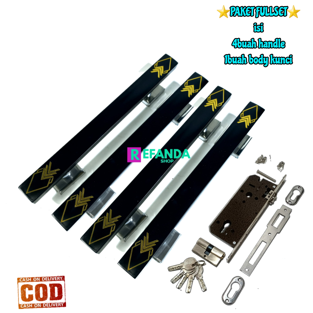 paket 4 buah gagang tarikan handle pintu rumah dan lock body kunci untuk pintu depan daun pintu 2 mo