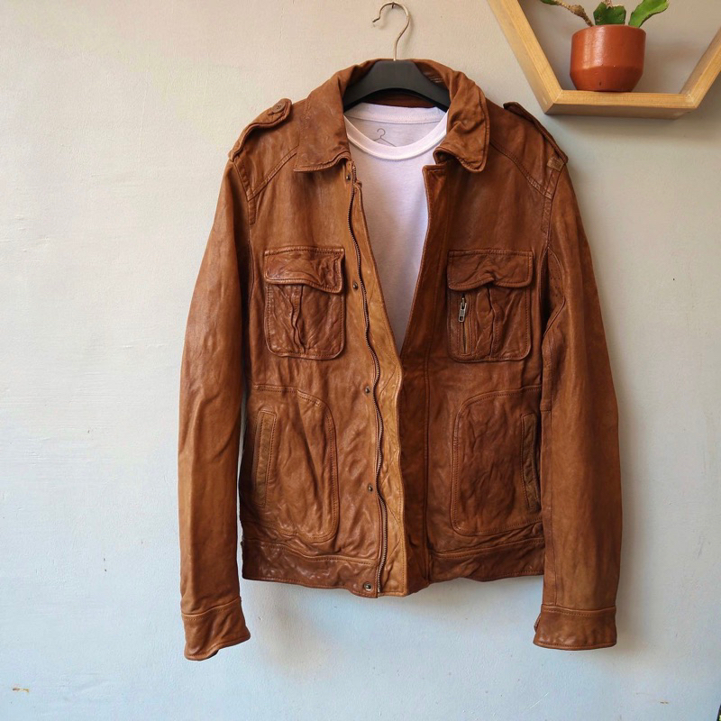 Jaket kulit vintage Kantong 4 trucker coklat Pl bekas preloved second