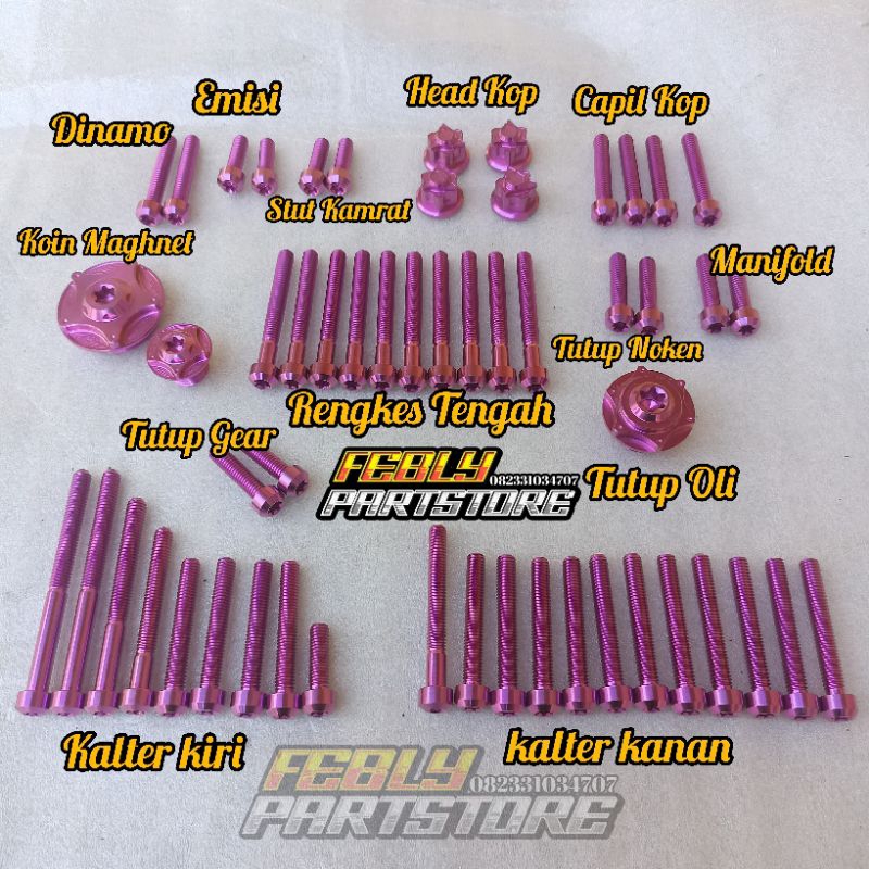 BAUT TITANIUM FULL SET MESIN CB GL MP TIGER GL100 BAUT TITANIUM KALTER KANAN KIRI BAUT TITANIUM BLOK