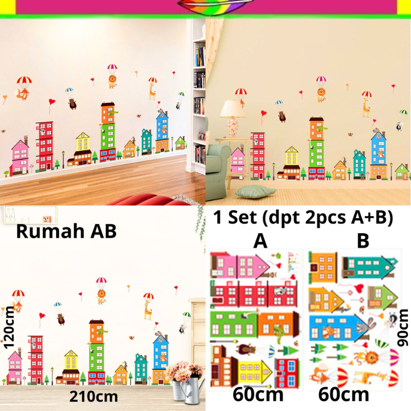 WALL STICKER WALLSTICKER STIKER DINDING DEKORASI MOTIF RUMAH HOME KOTA WARNA WARNI ANIMASI DEKOR HIA