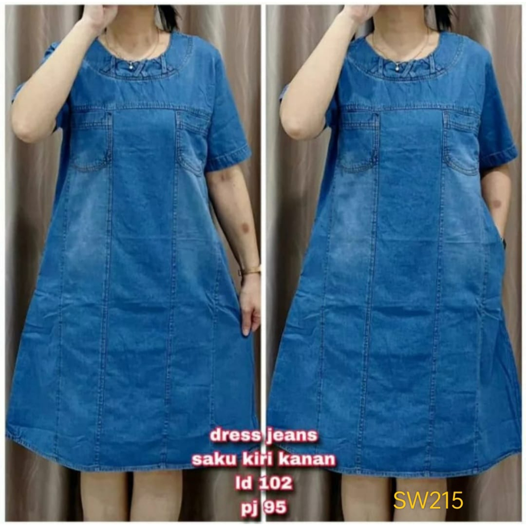 SW215 Dress Wanita Jeans Denim Polos Biru Saku LD102 PJ95