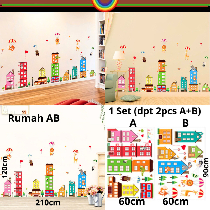 WALL STICKER WALLSTICKER STIKER DINDING DEKORASI MOTIF RUMAH HOME KOTA WARNA WARNI ANIMASI DEKOR HIA